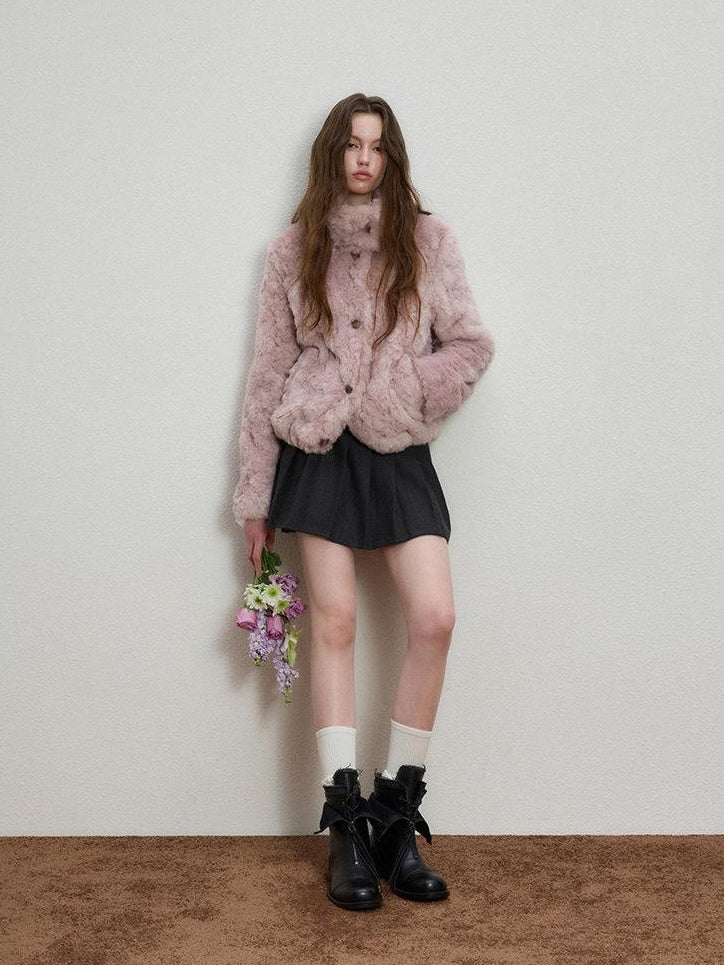 Luamoss Cozy Warm Flocked Drawcord Hem Loose Short Everyday Mist Purple Faux Fur Coats