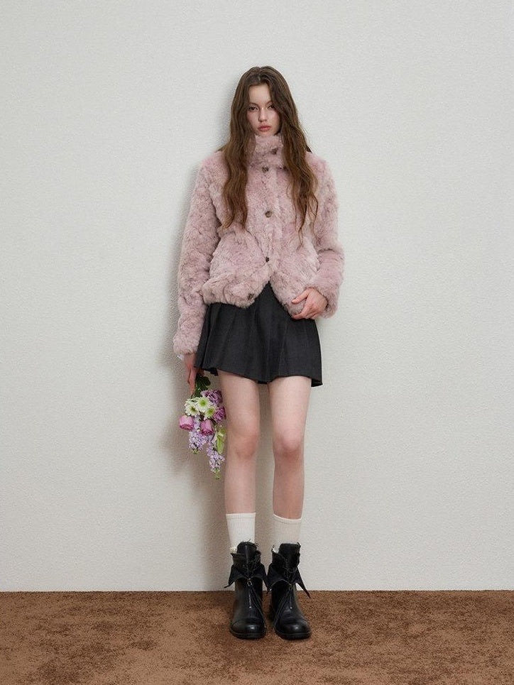 Luamoss Cozy Warm Flocked Drawcord Hem Loose Short Everyday Mist Purple Faux Fur Coats