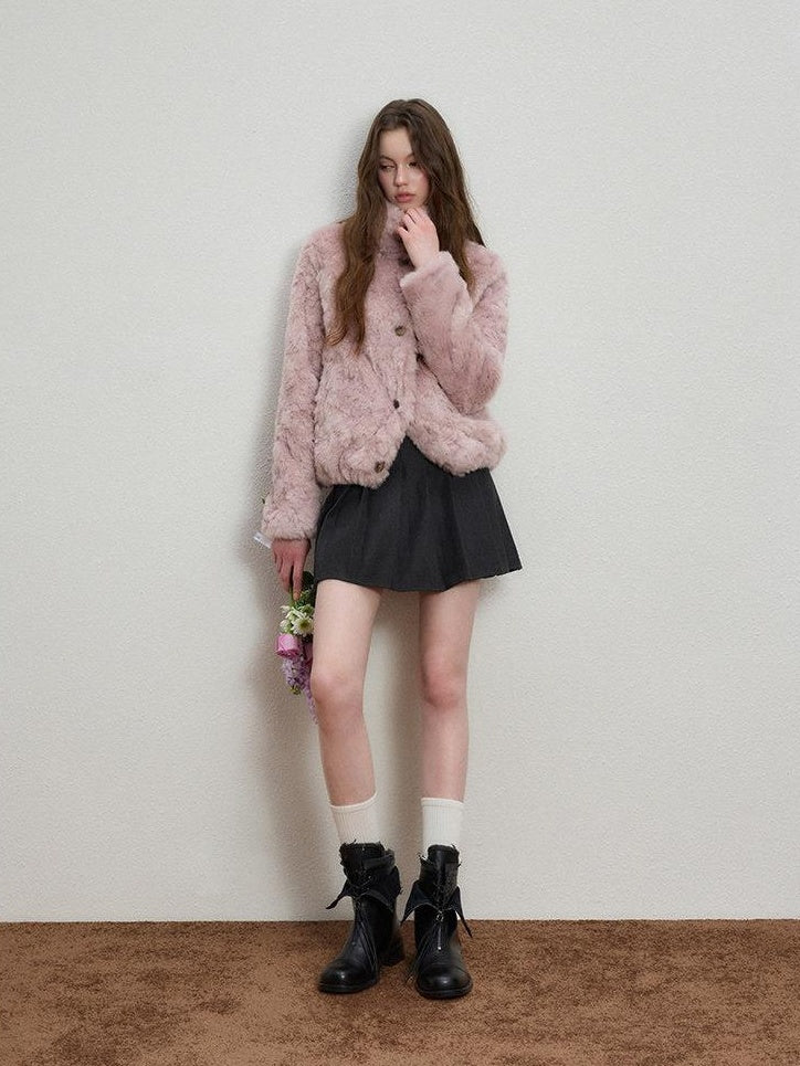 Luamoss Cozy Warm Flocked Drawcord Hem Loose Short Everyday Mist Purple Faux Fur Coats