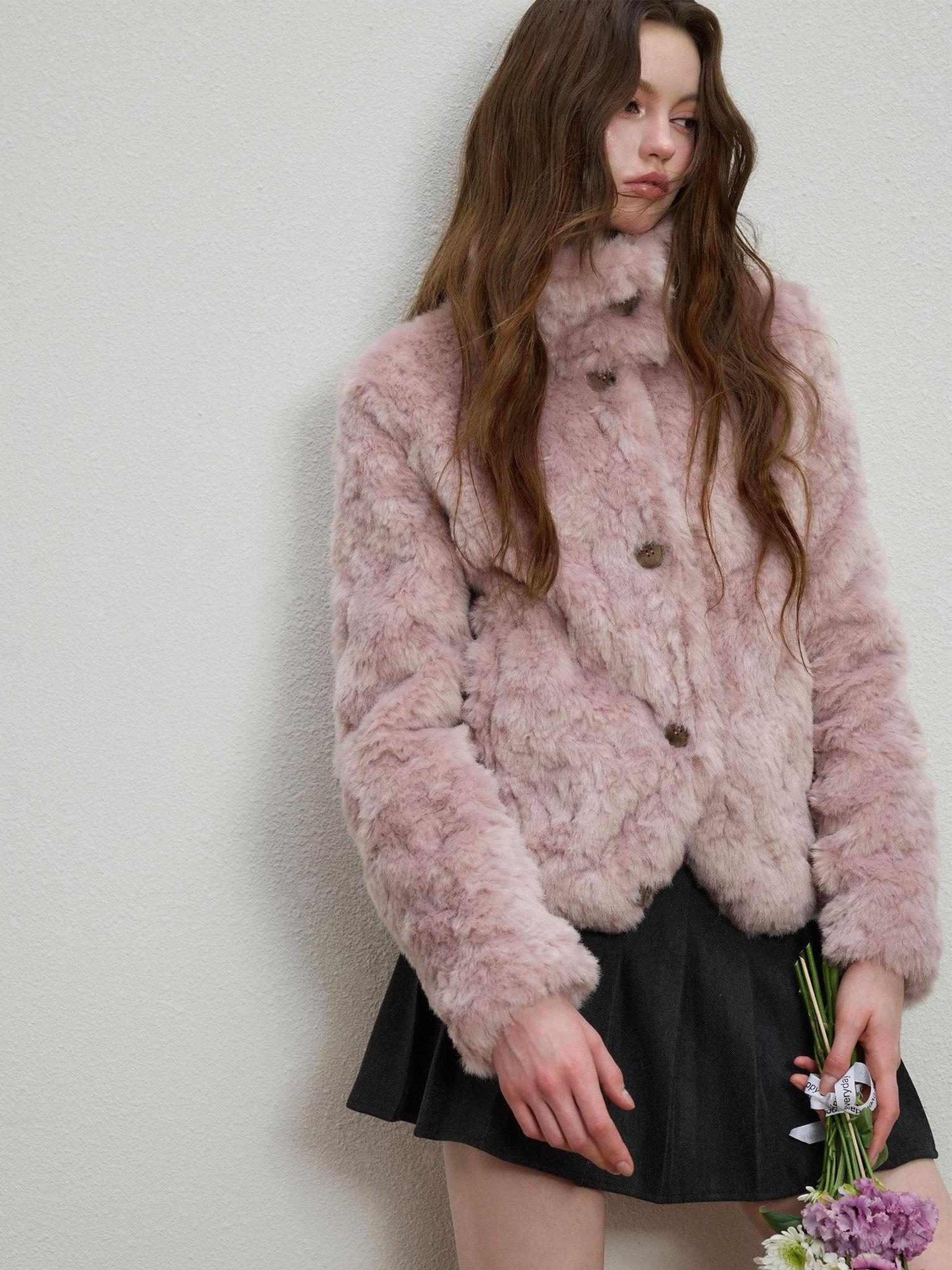 Luamoss Cozy Warm Flocked Drawcord Hem Loose Short Everyday Mist Purple Faux Fur Coats