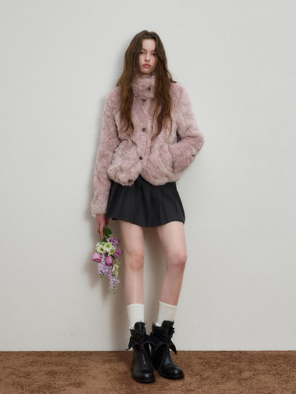 Luamoss Cozy Warm Flocked Drawcord Hem Loose Short Everyday Mist Purple Faux Fur Coats