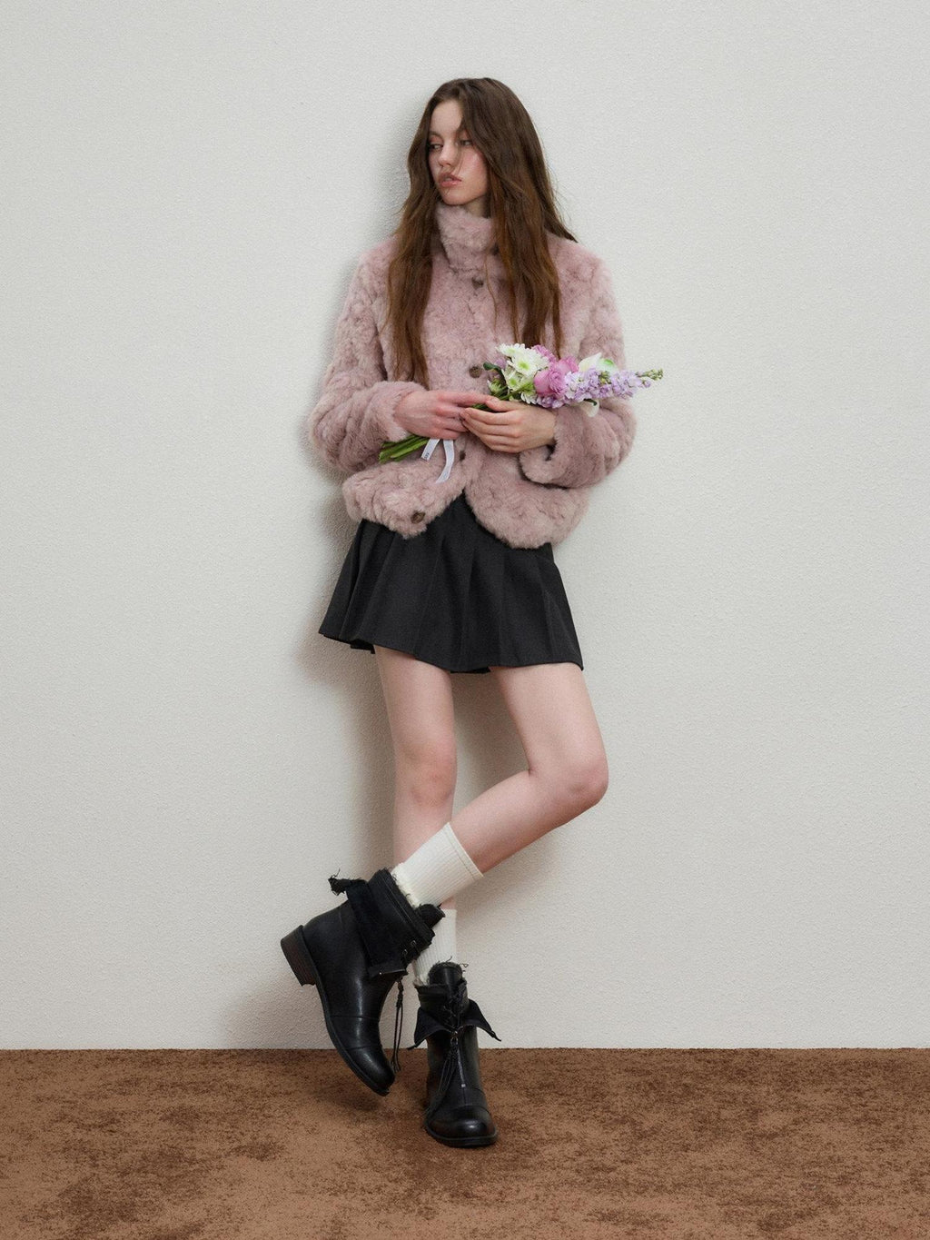 Luamoss Cozy Warm Flocked Drawcord Hem Loose Short Everyday Mist Purple Faux Fur Coats