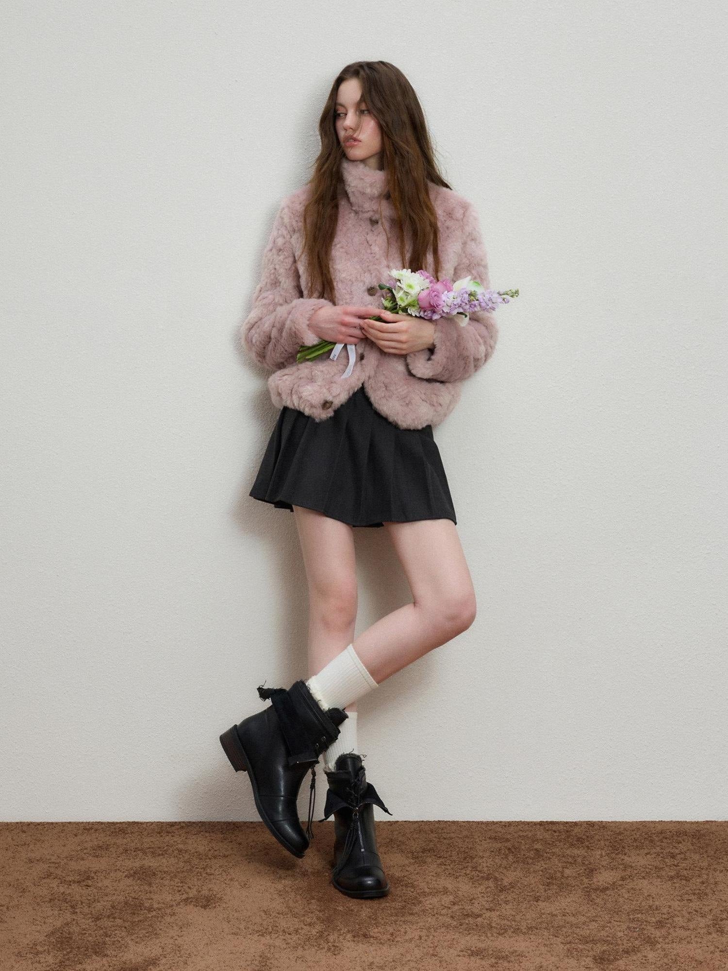Luamoss Cozy Warm Flocked Drawcord Hem Loose Short Everyday Mist Purple Faux Fur Coats