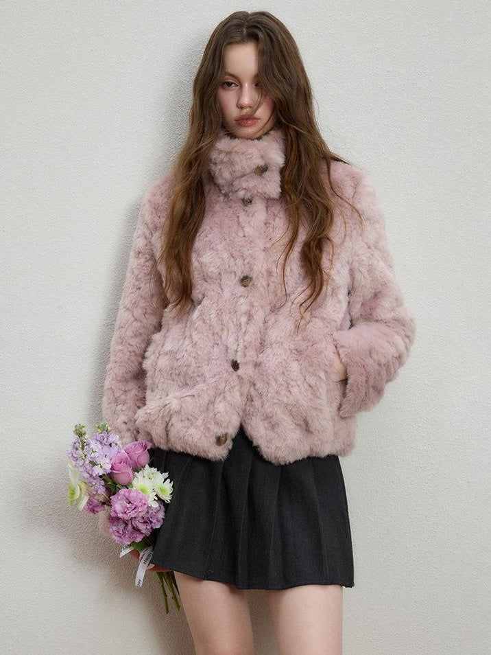 Luamoss Cozy Warm Flocked Drawcord Hem Loose Short Everyday Mist Purple Faux Fur Coats