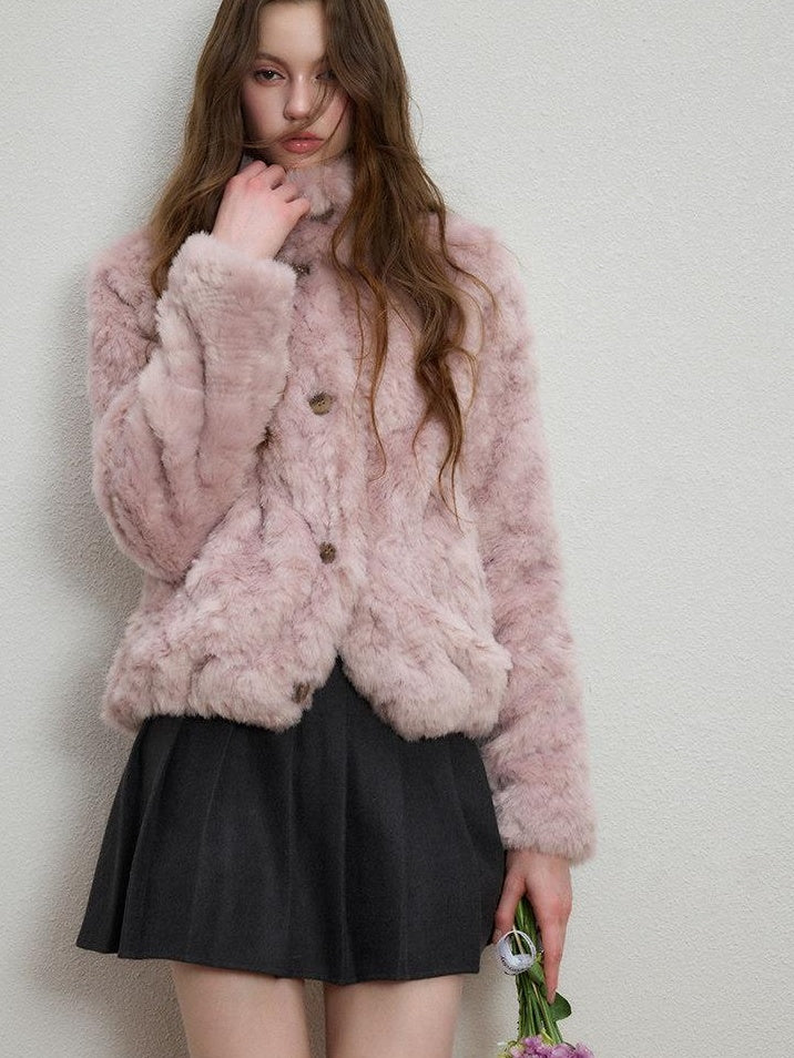 Luamoss Cozy Warm Flocked Drawcord Hem Loose Short Everyday Mist Purple Faux Fur Coats