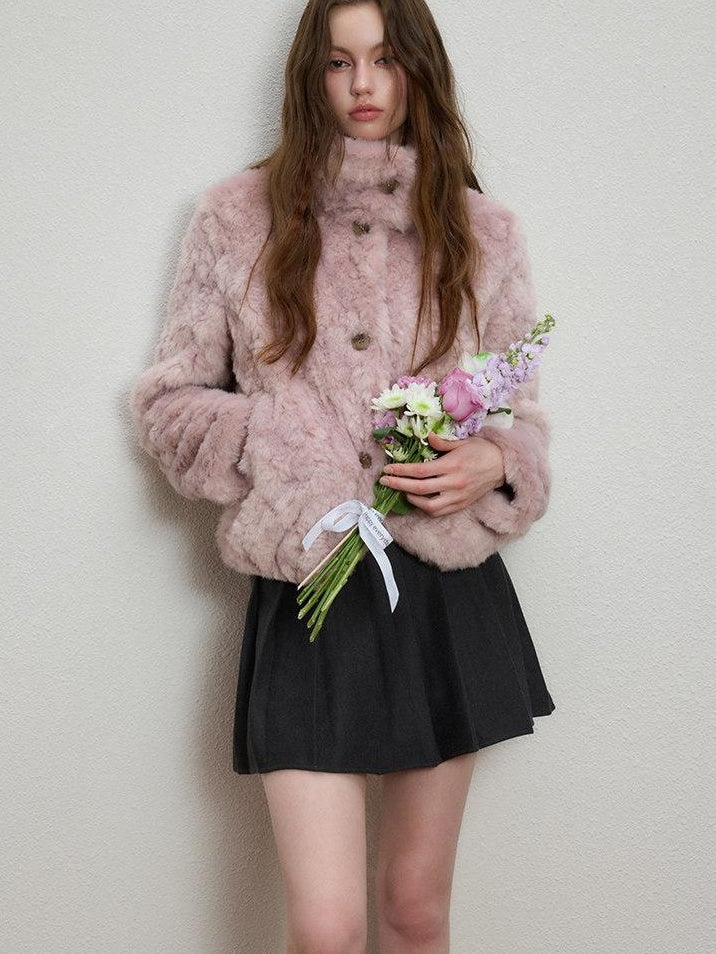 Luamoss Cozy Warm Flocked Drawcord Hem Loose Short Everyday Mist Purple Faux Fur Coats