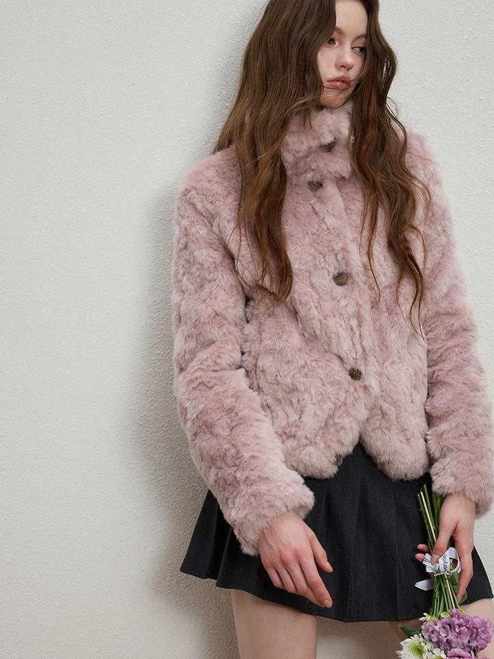 Luamoss Cozy Warm Flocked Drawcord Hem Loose Short Everyday Mist Purple Faux Fur Coats