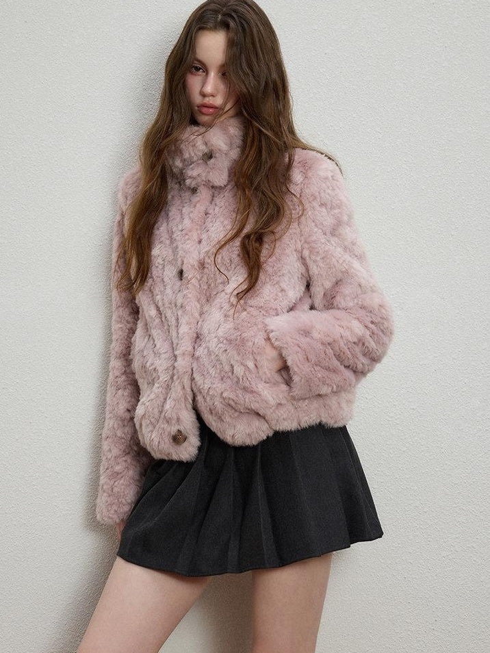 Luamoss Cozy Warm Flocked Drawcord Hem Loose Short Everyday Mist Purple Faux Fur Coats