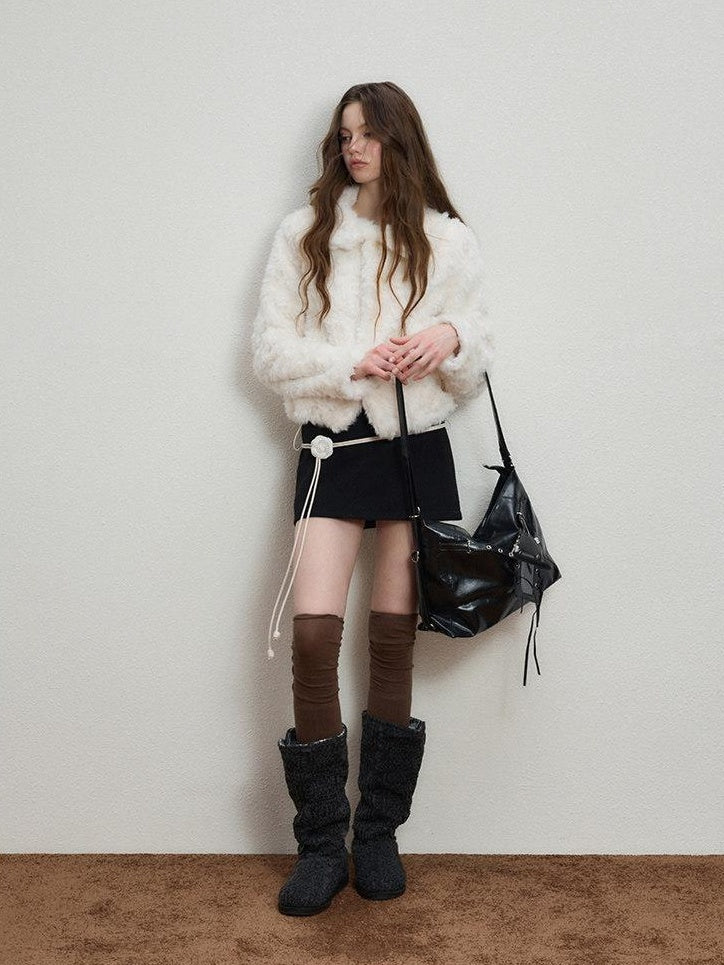 Luamoss Cozy Warm Thick Snow White Drawstring Hem Casual Loose Fit Women Faux Fur Coats