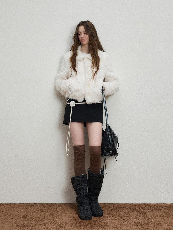 Luamoss Cozy Warm Thick Snow White Drawstring Hem Casual Loose Fit Women Faux Fur Coats