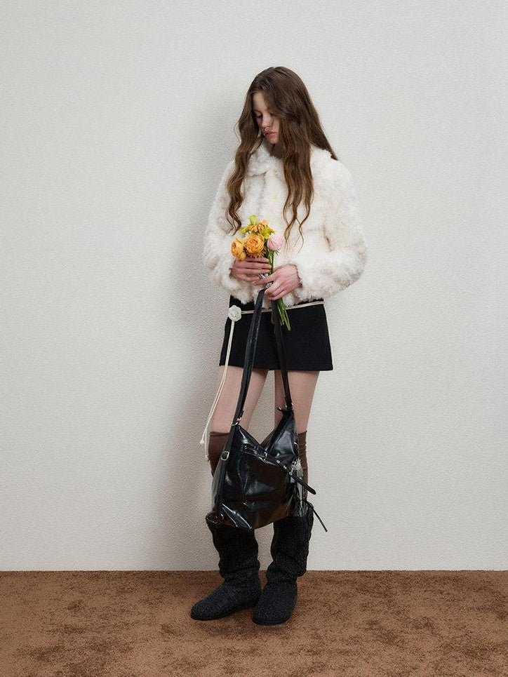 Luamoss Cozy Warm Thick Snow White Drawstring Hem Casual Loose Fit Women Faux Fur Coats