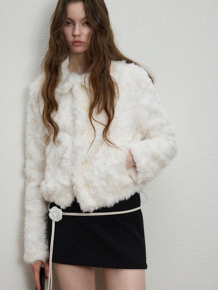 Luamoss Cozy Warm Thick Snow White Drawstring Hem Casual Loose Fit Women Faux Fur Coats