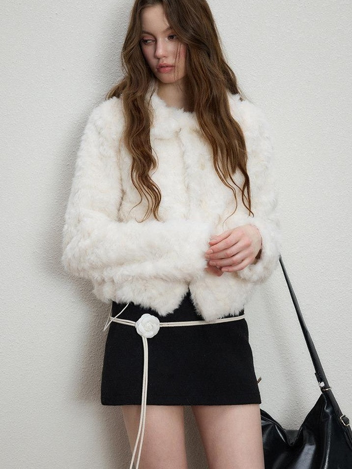 Luamoss Cozy Warm Thick Snow White Drawstring Hem Casual Loose Fit Women Faux Fur Coats