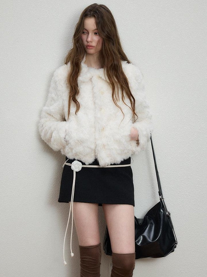 Luamoss Cozy Warm Thick Snow White Drawstring Hem Casual Loose Fit Women Faux Fur Coats