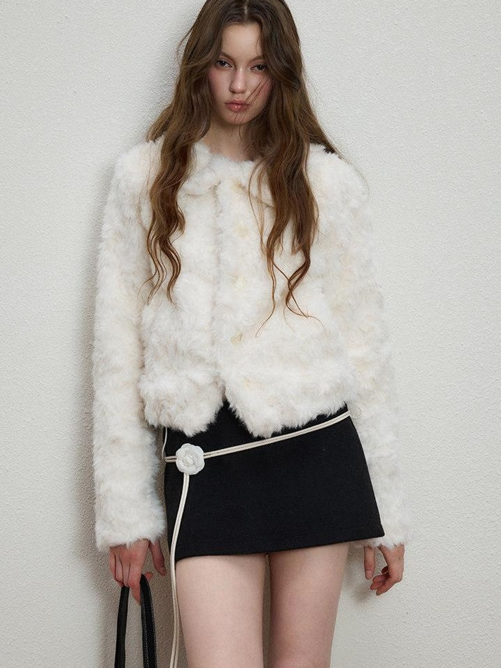 Luamoss Cozy Warm Thick Snow White Drawstring Hem Casual Loose Fit Women Faux Fur Coats