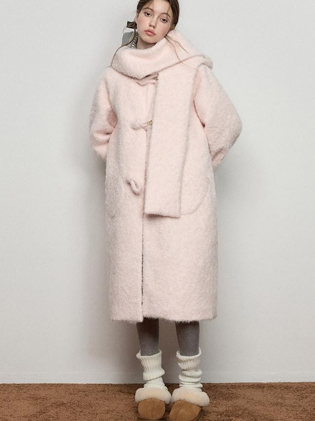 Luamoss Cute Pink Hooded Single Breasted Oversized Long College Style Thick Wool Coats