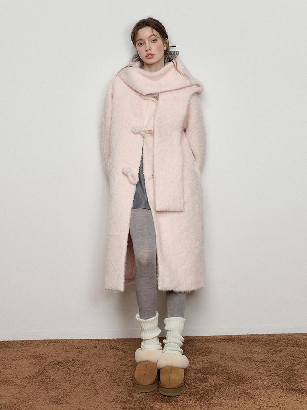 Luamoss Cute Pink Hooded Single Breasted Oversized Long College Style Thick Wool Coats