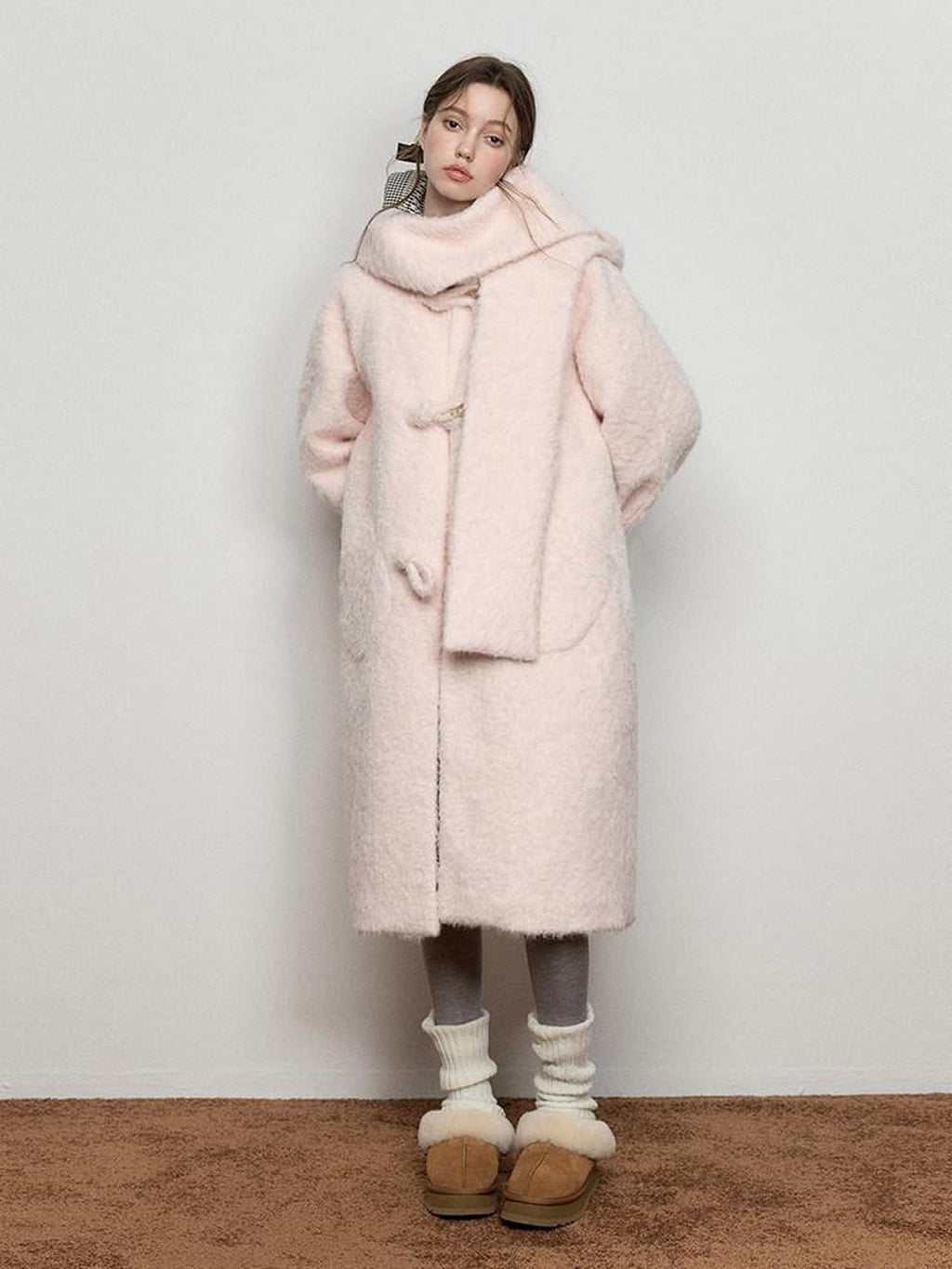 Luamoss Cute Pink Hooded Single Breasted Oversized Long College Style Thick Wool Coats