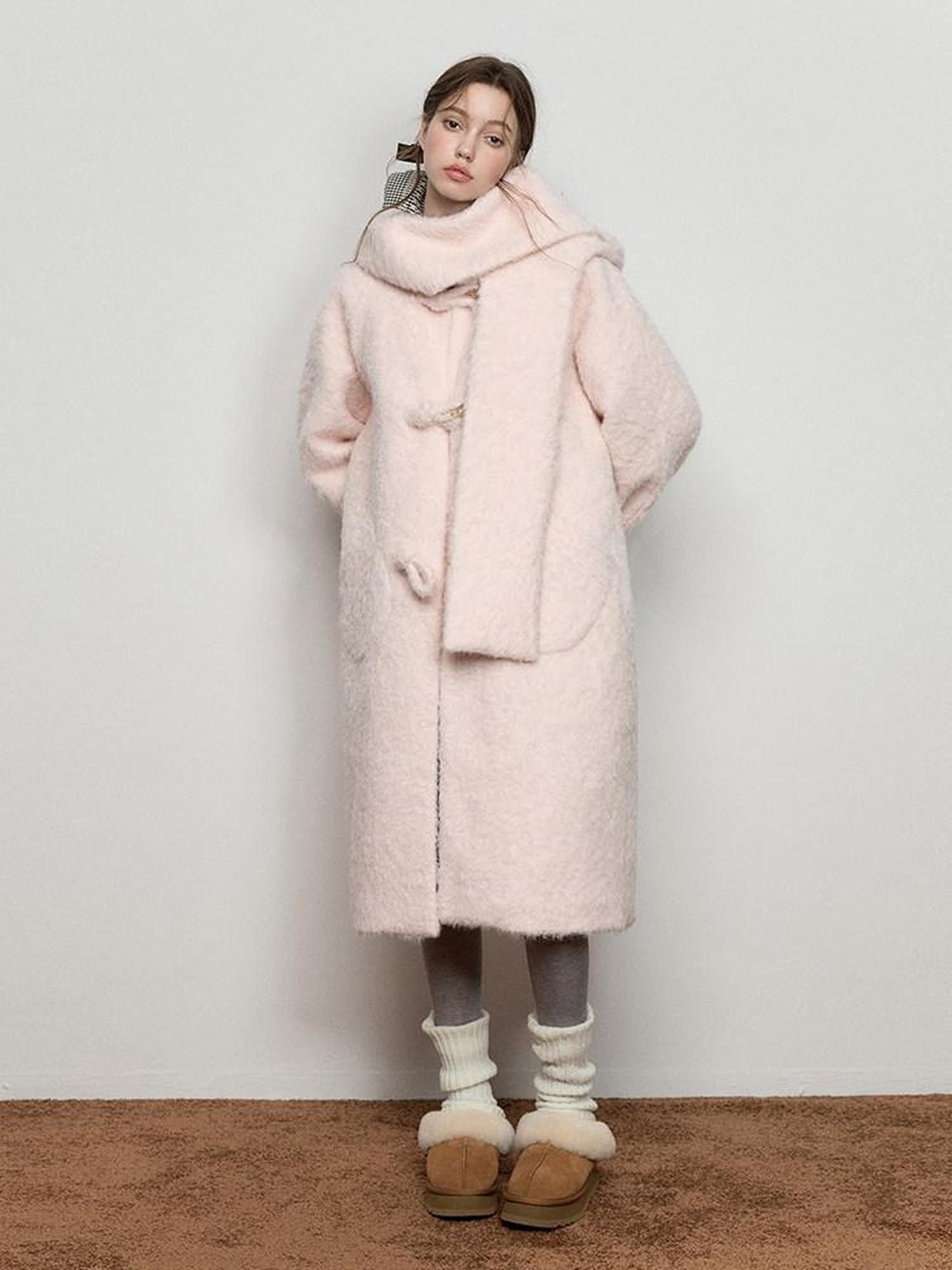 Luamoss Cute Pink Hooded Single Breasted Oversized Long College Style Thick Wool Coats