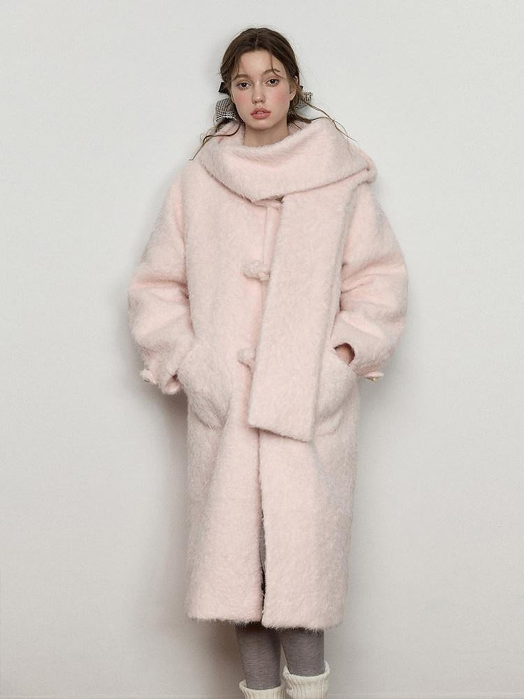 Luamoss Cute Pink Hooded Single Breasted Oversized Long College Style Thick Wool Coats