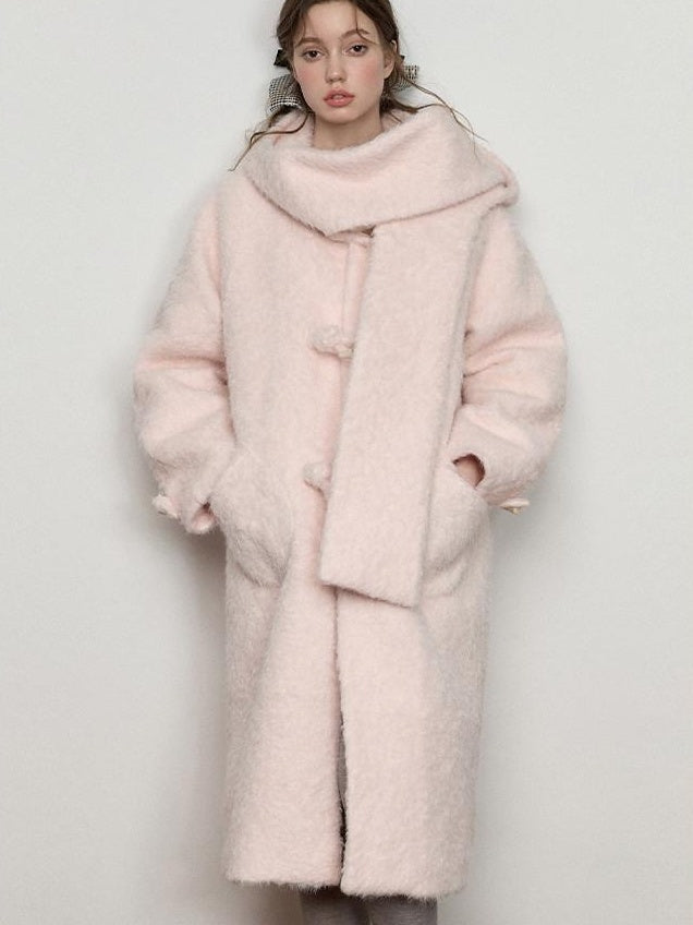 Luamoss Cute Pink Hooded Single Breasted Oversized Long College Style Thick Wool Coats