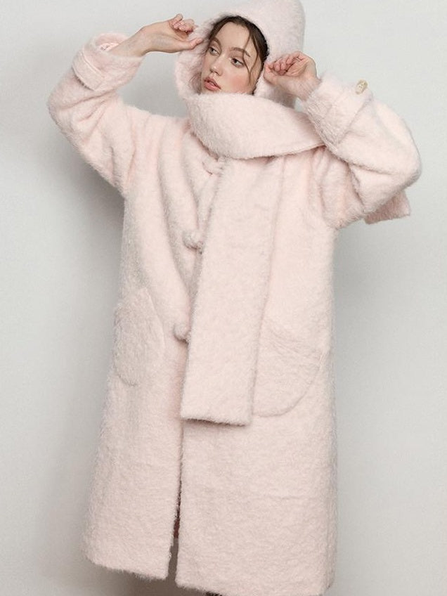 Luamoss Cute Pink Hooded Single Breasted Oversized Long College Style Thick Wool Coats