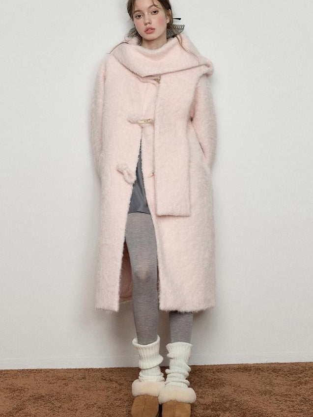 Luamoss Cute Pink Hooded Single Breasted Oversized Long College Style Thick Wool Coats