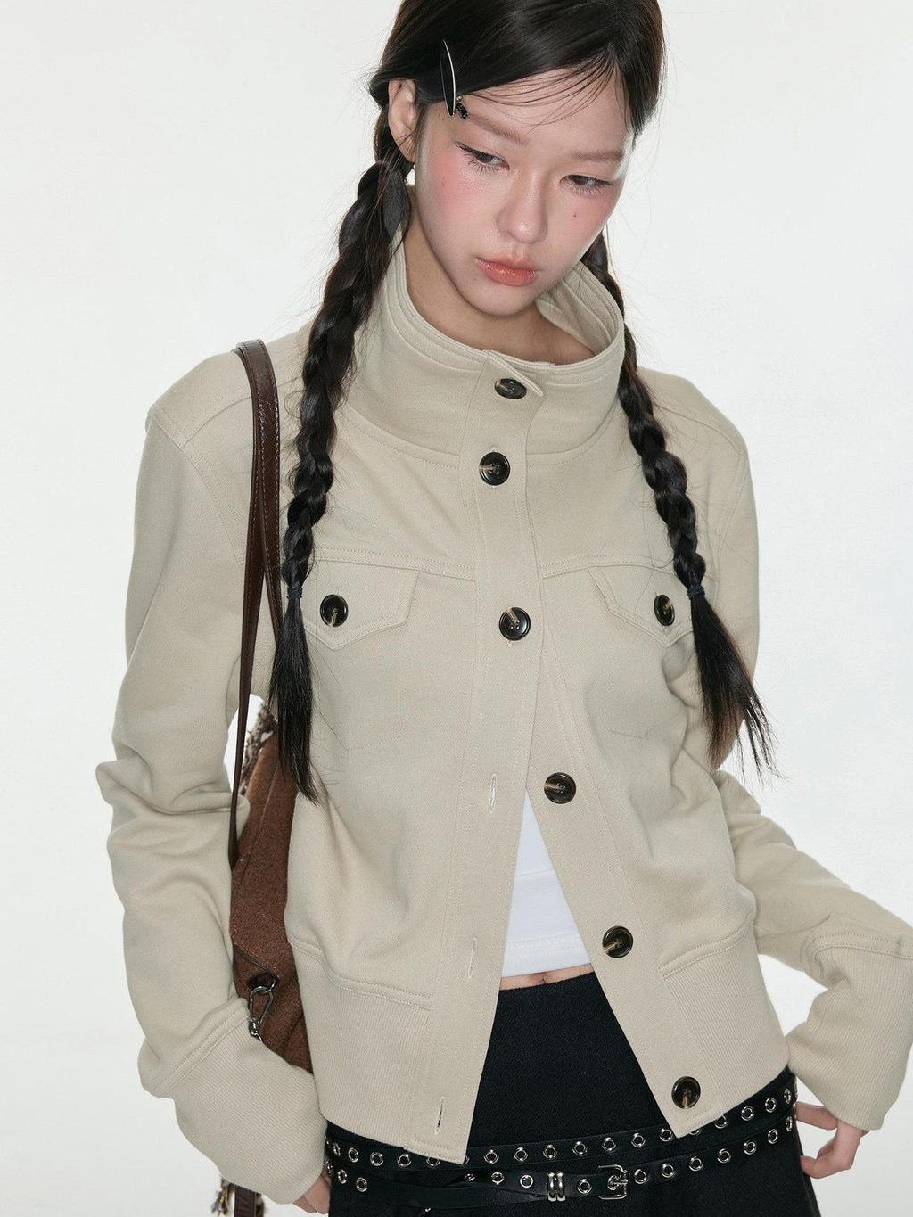 Luamoss Durable Multi Pocket Loose Casual Cotton Blend High Collar Women Cropped Jackets