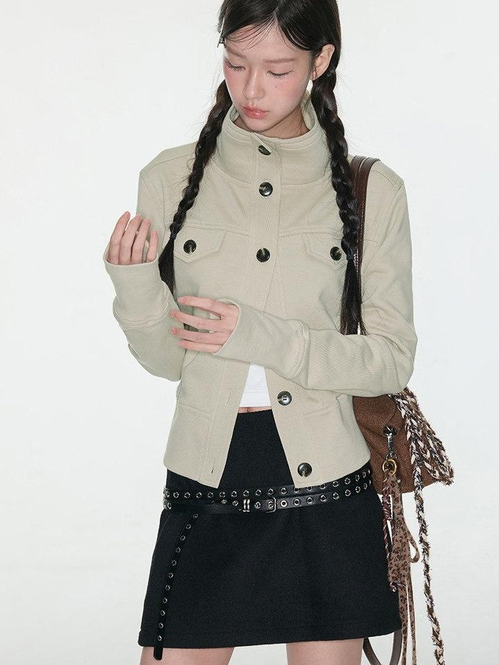 Luamoss Durable Multi Pocket Loose Casual Cotton Blend High Collar Women Cropped Jackets