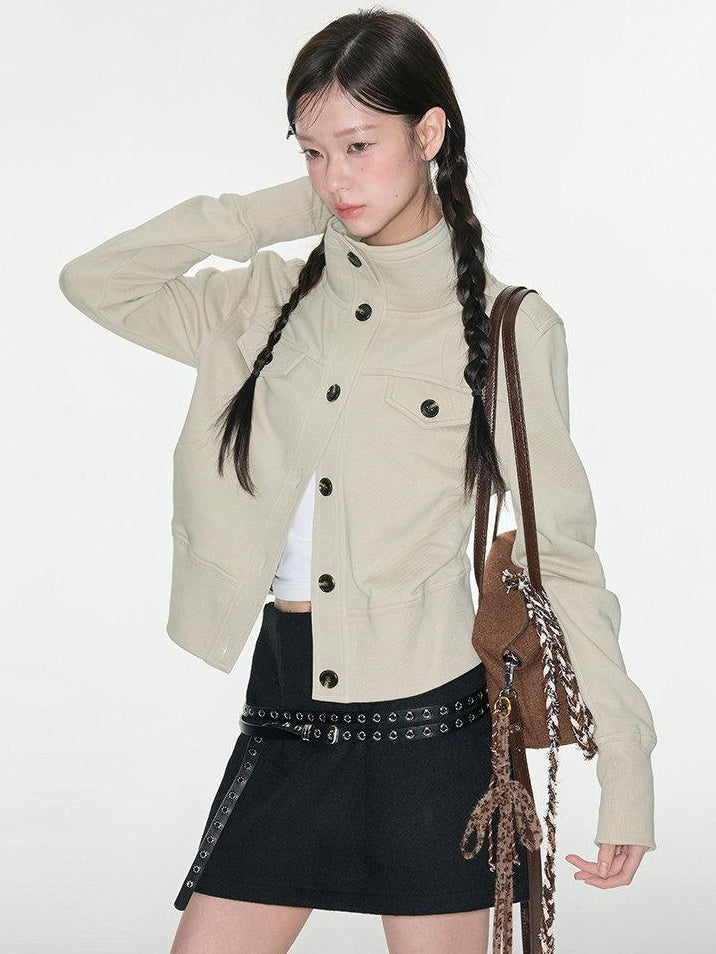 Luamoss Durable Multi Pocket Loose Casual Cotton Blend High Collar Women Cropped Jackets