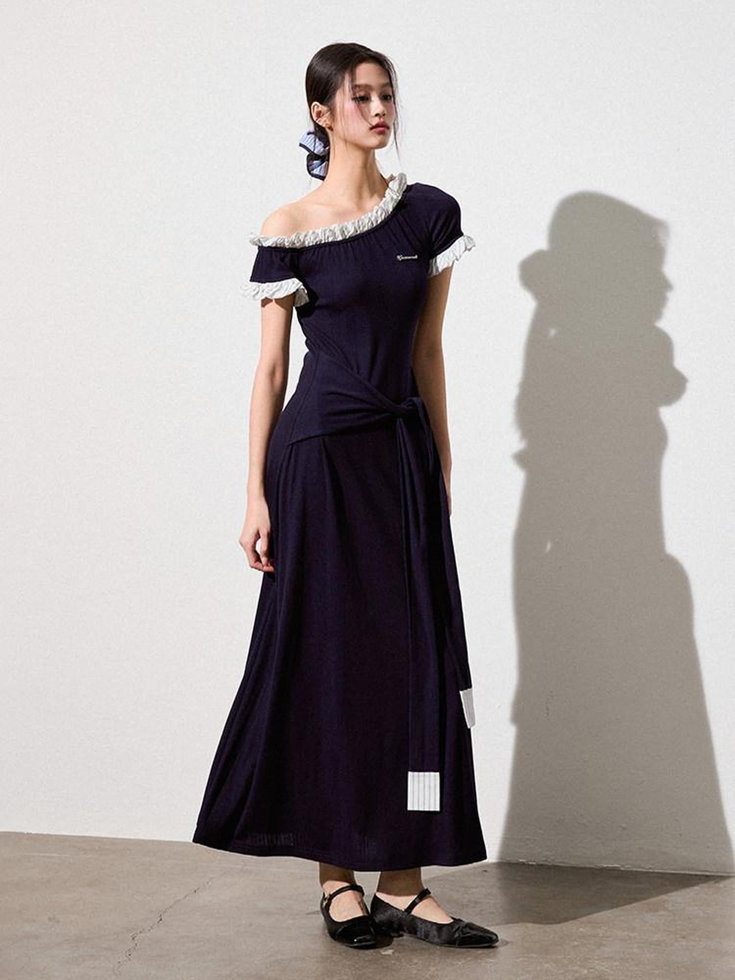 Luamoss Elegant Asymmetric One Shoulder Waist Cinch A Line Patchwork Knit Maxi Dresses