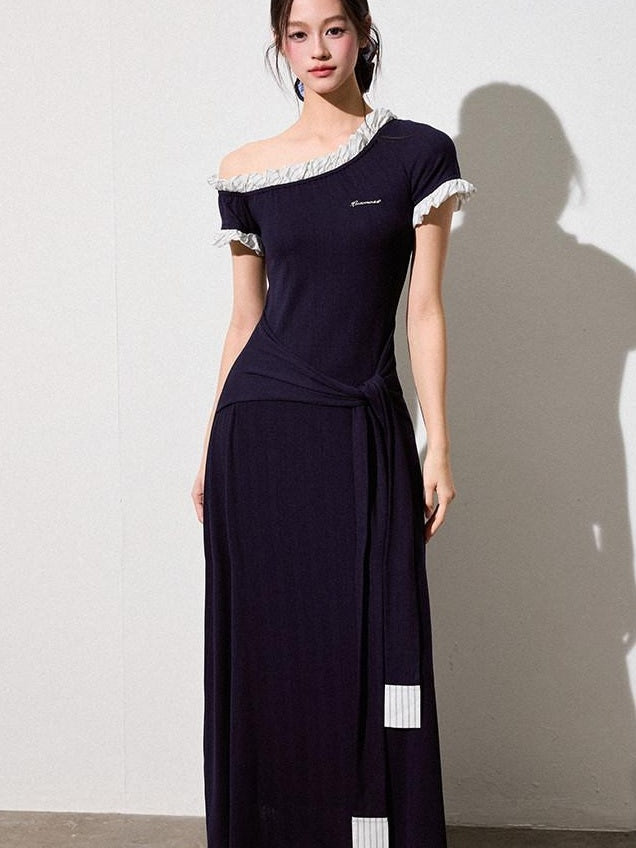 Luamoss Elegant Asymmetric One Shoulder Waist Cinch A Line Patchwork Knit Maxi Dresses