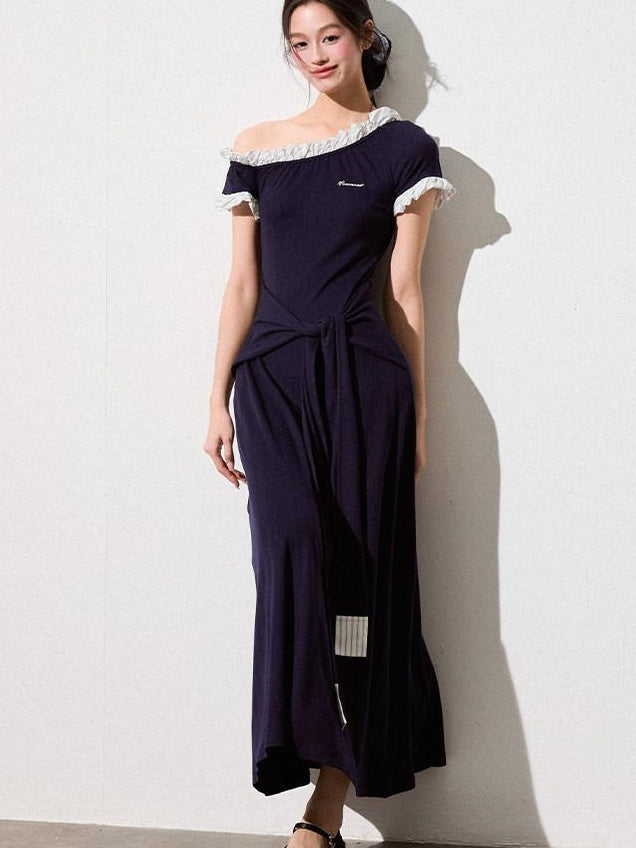 Luamoss Elegant Asymmetric One Shoulder Waist Cinch A Line Patchwork Knit Maxi Dresses