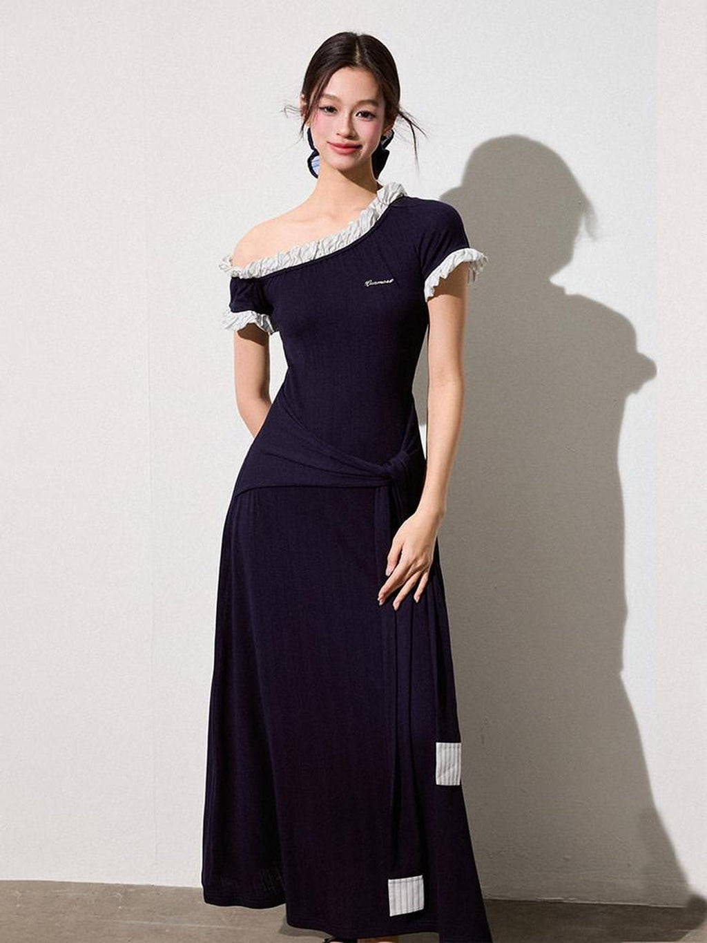Luamoss Elegant Asymmetric One Shoulder Waist Cinch A Line Patchwork Knit Maxi Dresses