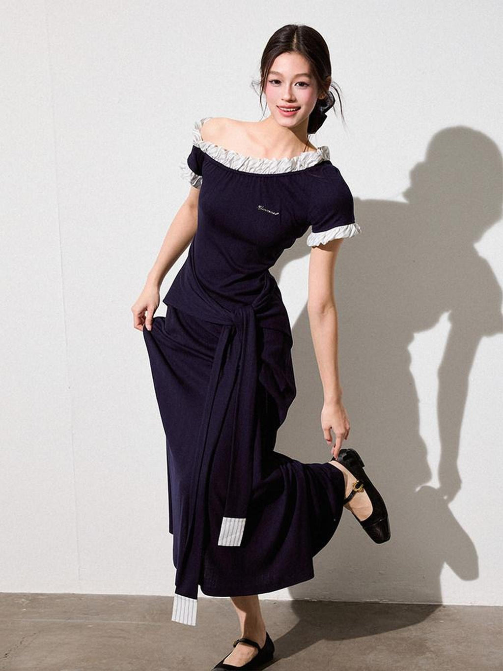 Luamoss Elegant Asymmetric One Shoulder Waist Cinch A Line Patchwork Knit Maxi Dresses