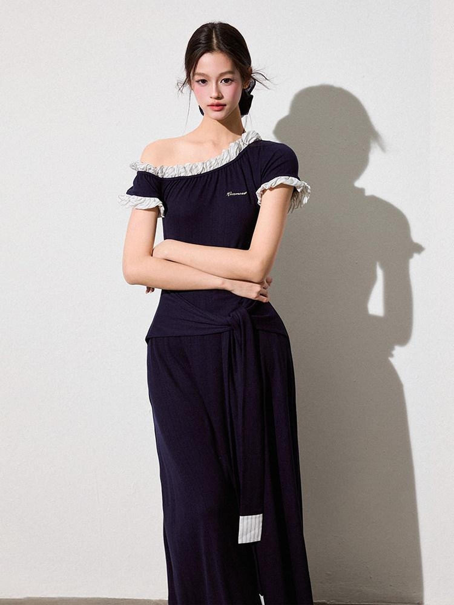 Luamoss Elegant Asymmetric One Shoulder Waist Cinch A Line Patchwork Knit Maxi Dresses