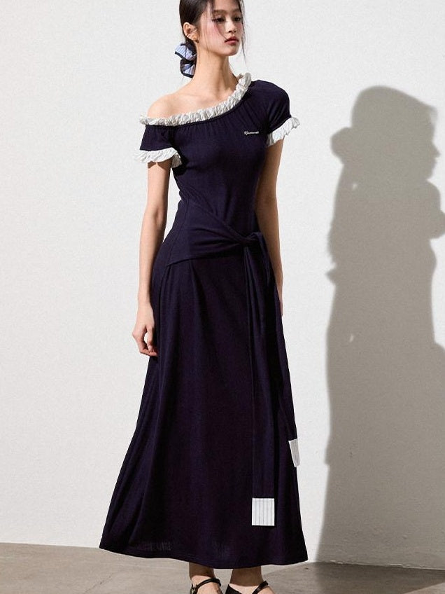 Luamoss Elegant Asymmetric One Shoulder Waist Cinch A Line Patchwork Knit Maxi Dresses