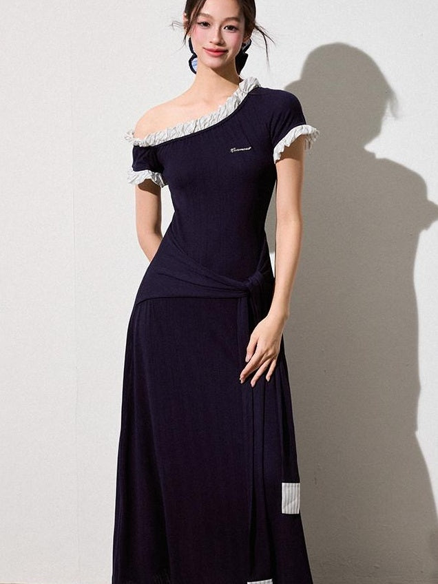Luamoss Elegant Asymmetric One Shoulder Waist Cinch A Line Patchwork Knit Maxi Dresses