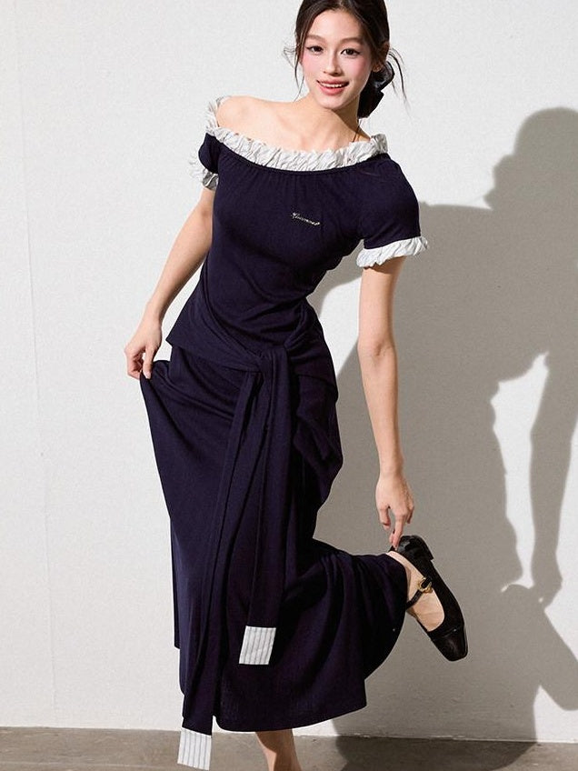 Luamoss Elegant Asymmetric One Shoulder Waist Cinch A Line Patchwork Knit Maxi Dresses