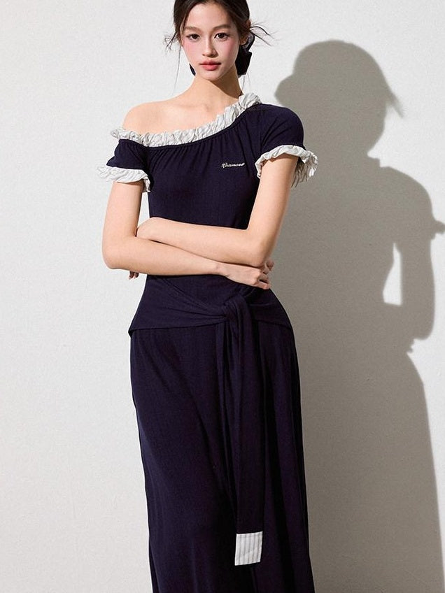Luamoss Elegant Asymmetric One Shoulder Waist Cinch A Line Patchwork Knit Maxi Dresses