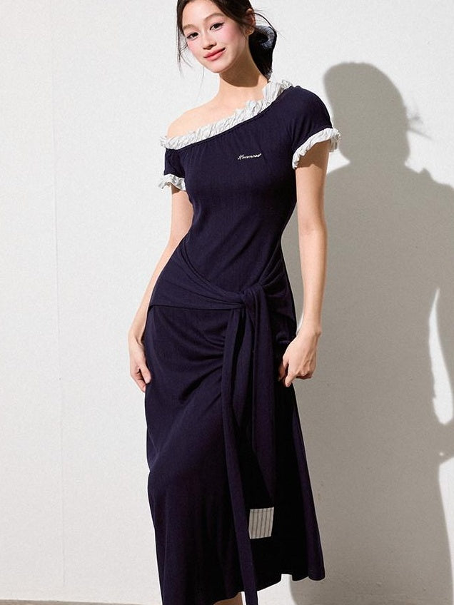 Luamoss Elegant Asymmetric One Shoulder Waist Cinch A Line Patchwork Knit Maxi Dresses
