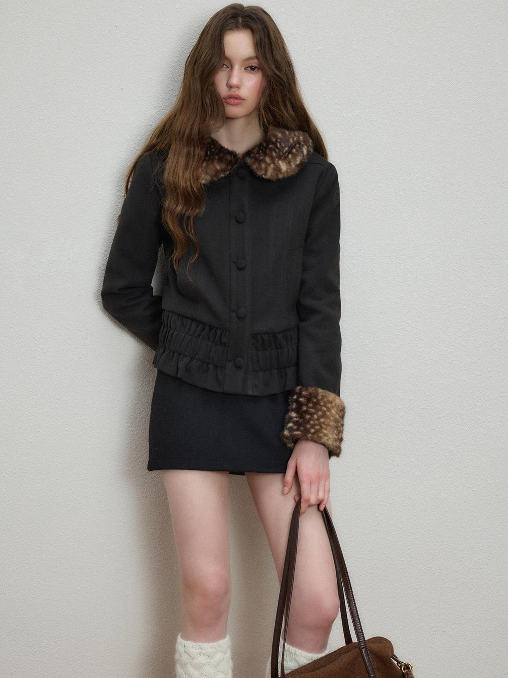 Luamoss Flattering Elegant Straight Cinched Waist Women Wool Look Black Wool Coats