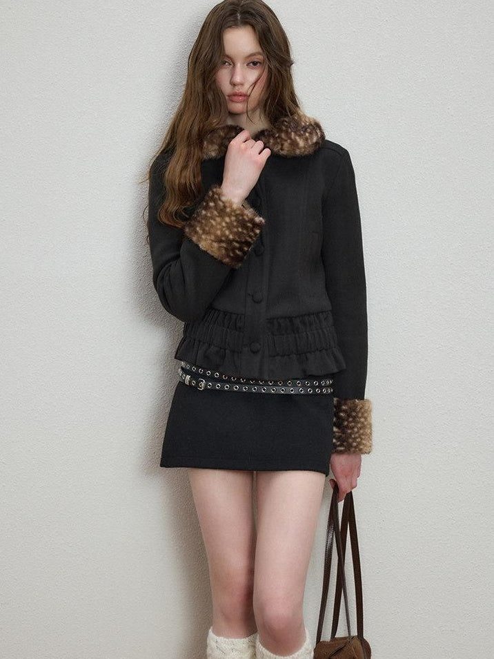 Luamoss Flattering Elegant Straight Cinched Waist Women Wool Look Black Wool Coats