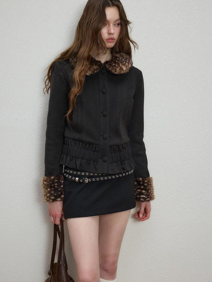 Luamoss Flattering Elegant Straight Cinched Waist Women Wool Look Black Wool Coats