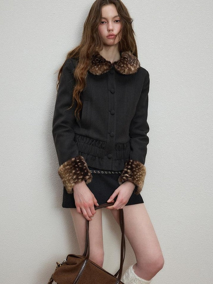 Luamoss Flattering Elegant Straight Cinched Waist Women Wool Look Black Wool Coats