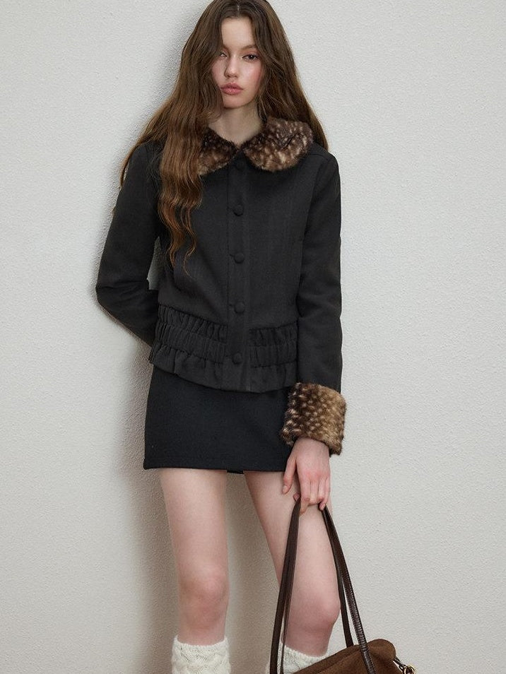 Luamoss Flattering Elegant Straight Cinched Waist Women Wool Look Black Wool Coats