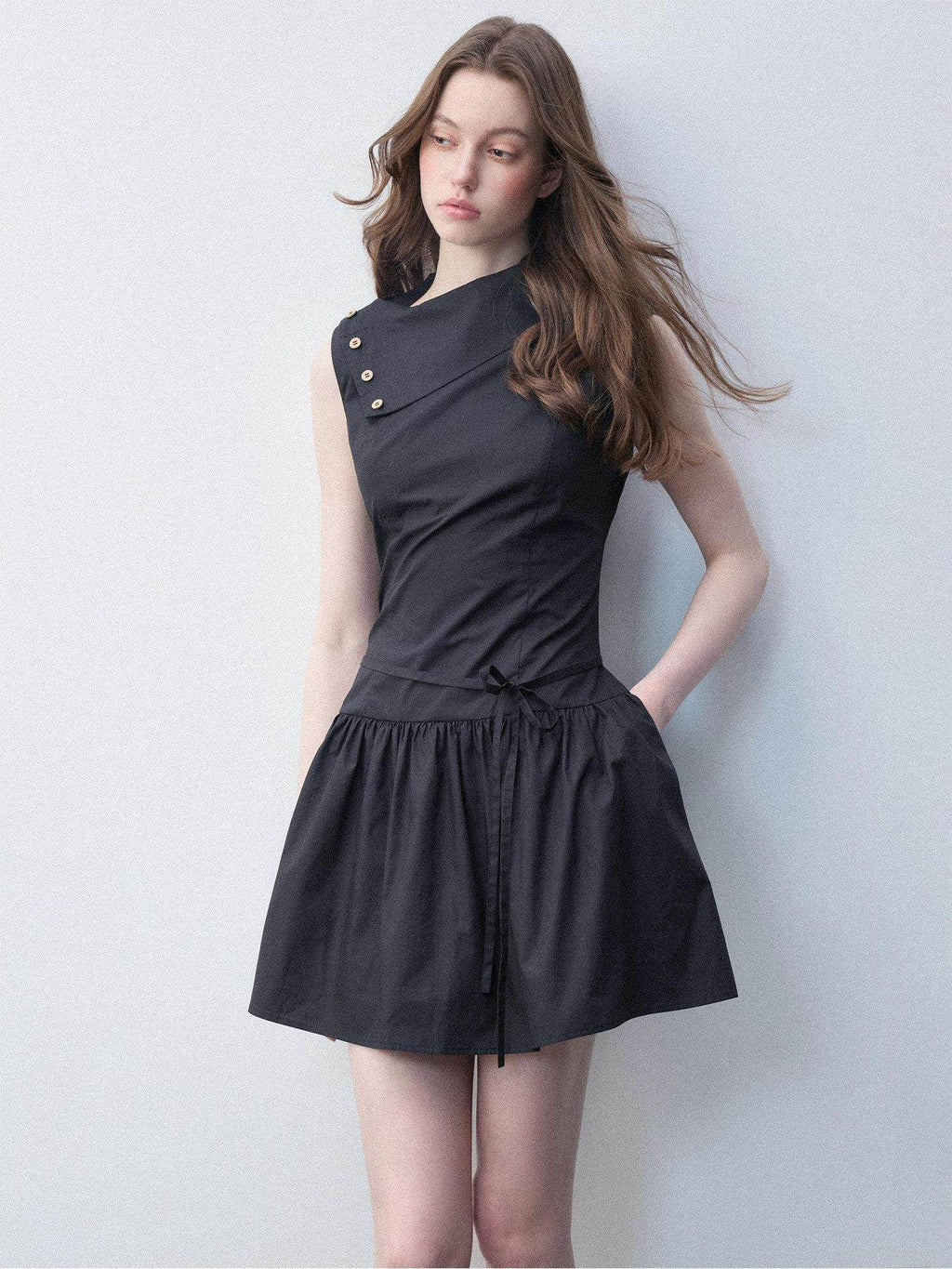 Luamoss Hepburn Slimfit A Line Tie Waist Asymmetrical Neck Cotton Women Mini Dresses