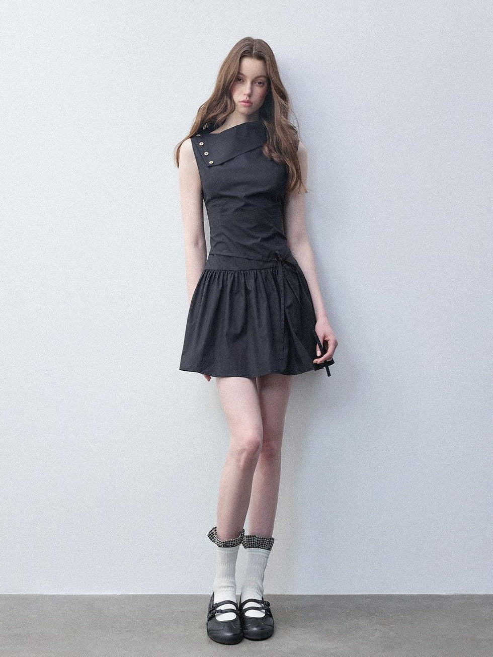 Luamoss Hepburn Slimfit A Line Tie Waist Asymmetrical Neck Cotton Women Mini Dresses