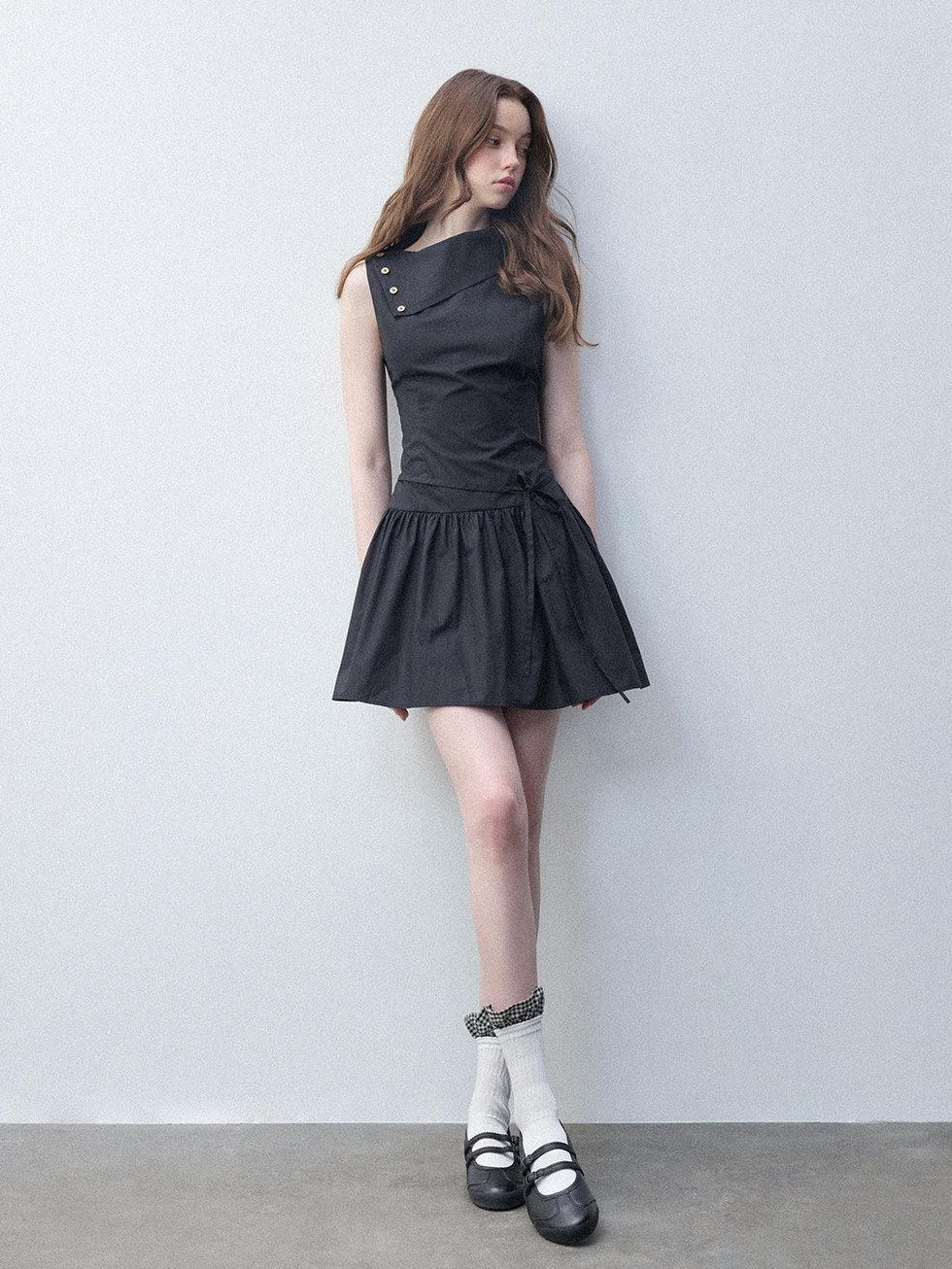 Luamoss Hepburn Slimfit A Line Tie Waist Asymmetrical Neck Cotton Women Mini Dresses