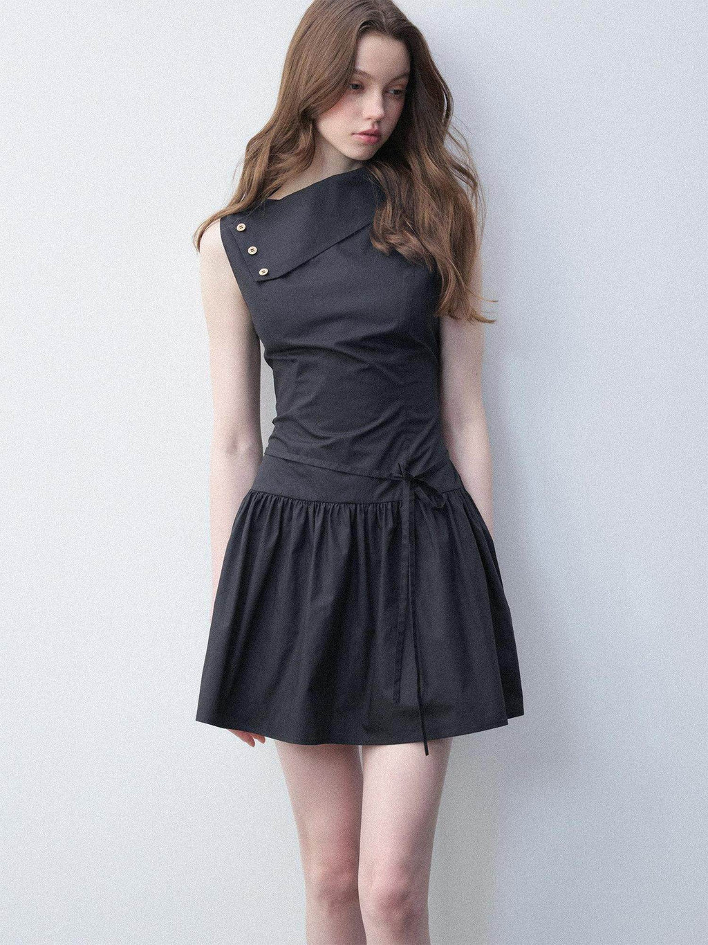 Luamoss Hepburn Slimfit A Line Tie Waist Asymmetrical Neck Cotton Women Mini Dresses